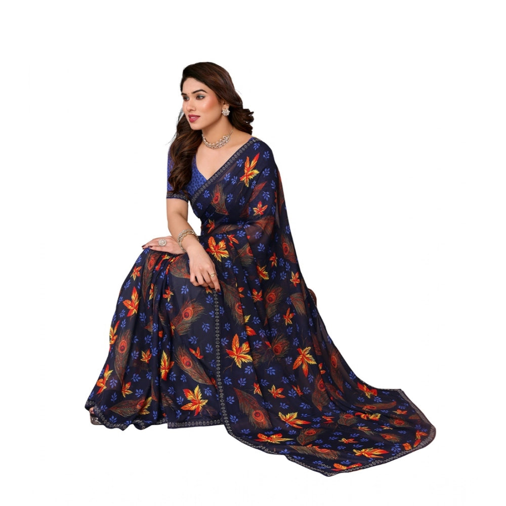 Vaystra Georgette Printed Saree With Unstitched Blouse 5.5Mtr – Blue
