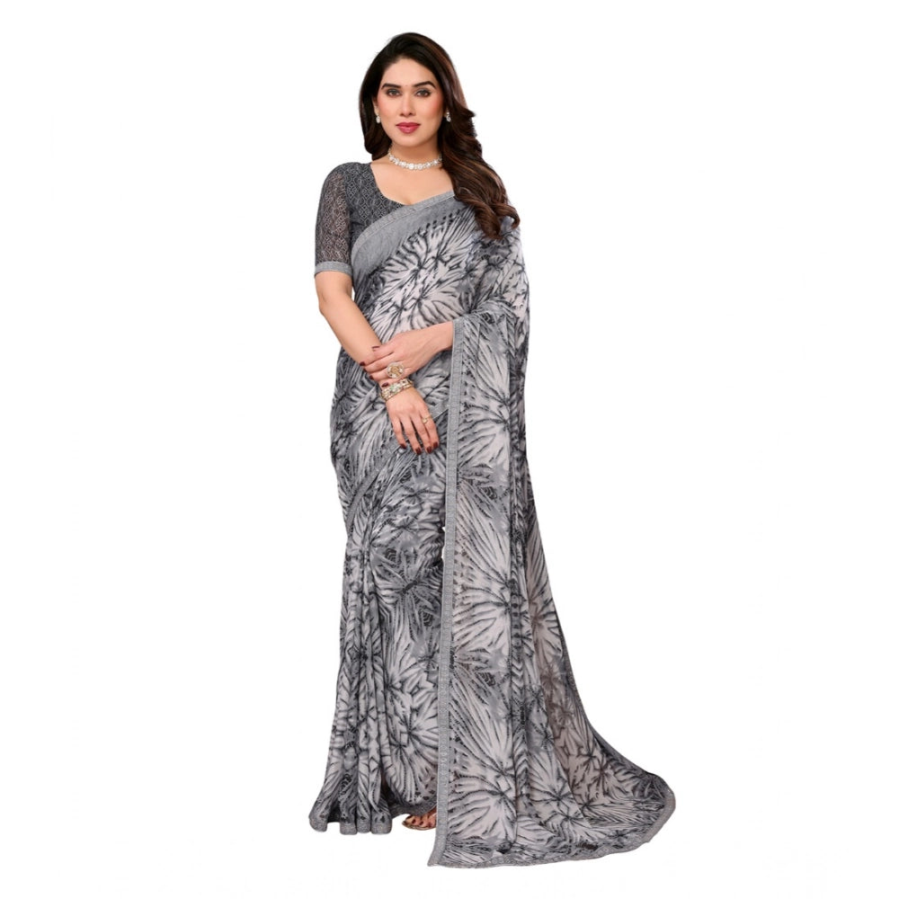 Vaystra Georgette Printed Saree With Unstitched Blouse 5.5Mtr – Grey
