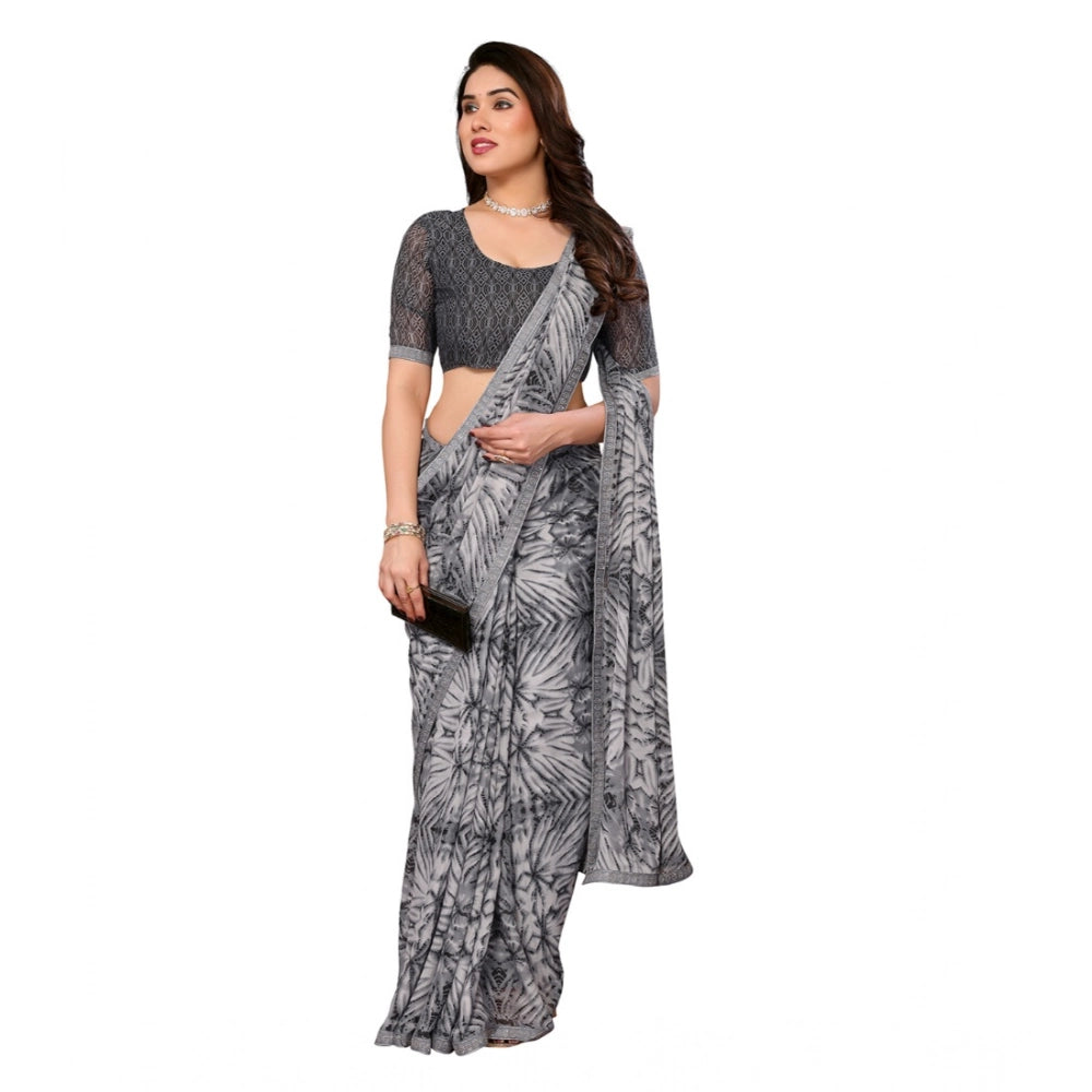 Vaystra Georgette Printed Saree With Unstitched Blouse 5.5Mtr – Grey