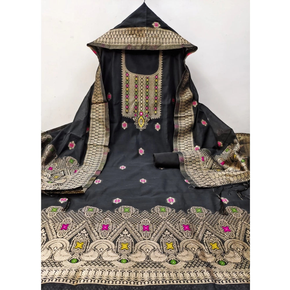 Vaystra Banarasi Silk Printed Unstitched Salwar Suit Material With Dupatta – Black