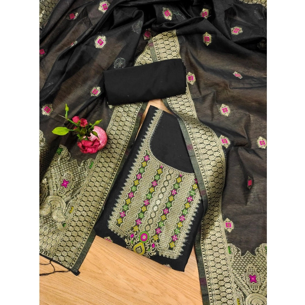 Vaystra Banarasi Silk Printed Unstitched Salwar Suit Material With Dupatta – Black