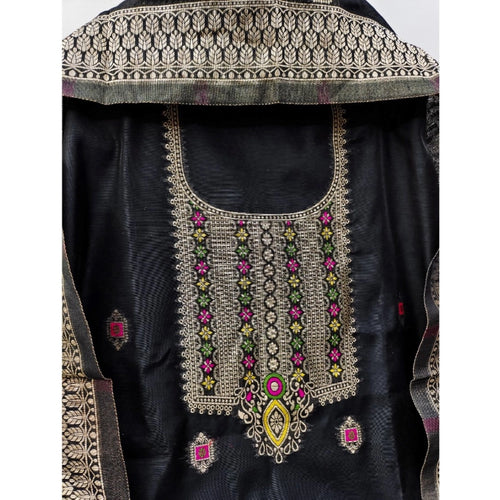 Vaystra Banarasi Silk Printed Unstitched Salwar Suit Material With Dupatta – Black