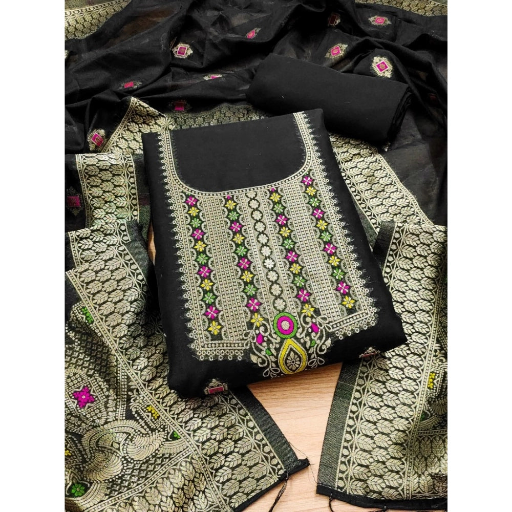 Vaystra Banarasi Silk Printed Unstitched Salwar Suit Material With Dupatta – Black