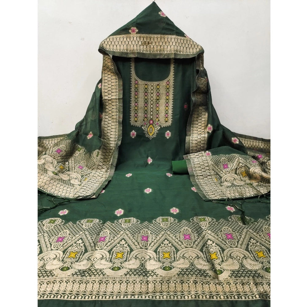 Vaystra Banarasi Silk Printed Unstitched Salwar Suit Material With Dupatta – Bottle Green