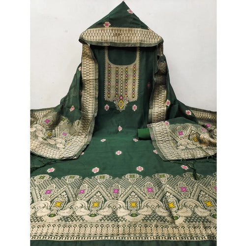 Vaystra Banarasi Silk Printed Unstitched Salwar Suit Material With Dupatta – Bottle Green