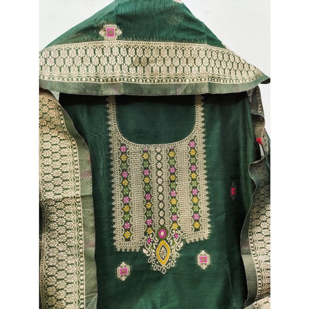 Vaystra Banarasi Silk Printed Unstitched Salwar Suit Material With Dupatta – Bottle Green