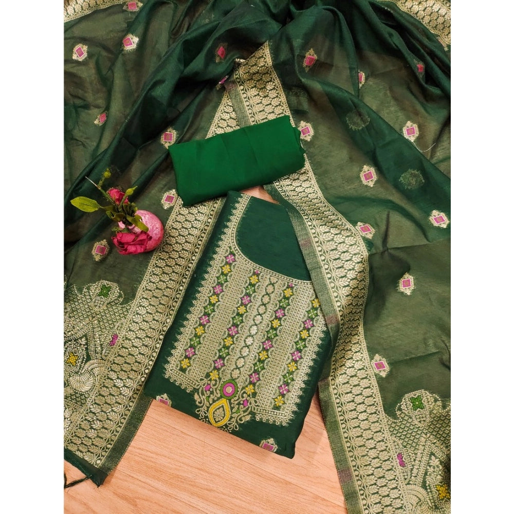 Vaystra Banarasi Silk Printed Unstitched Salwar Suit Material With Dupatta – Bottle Green