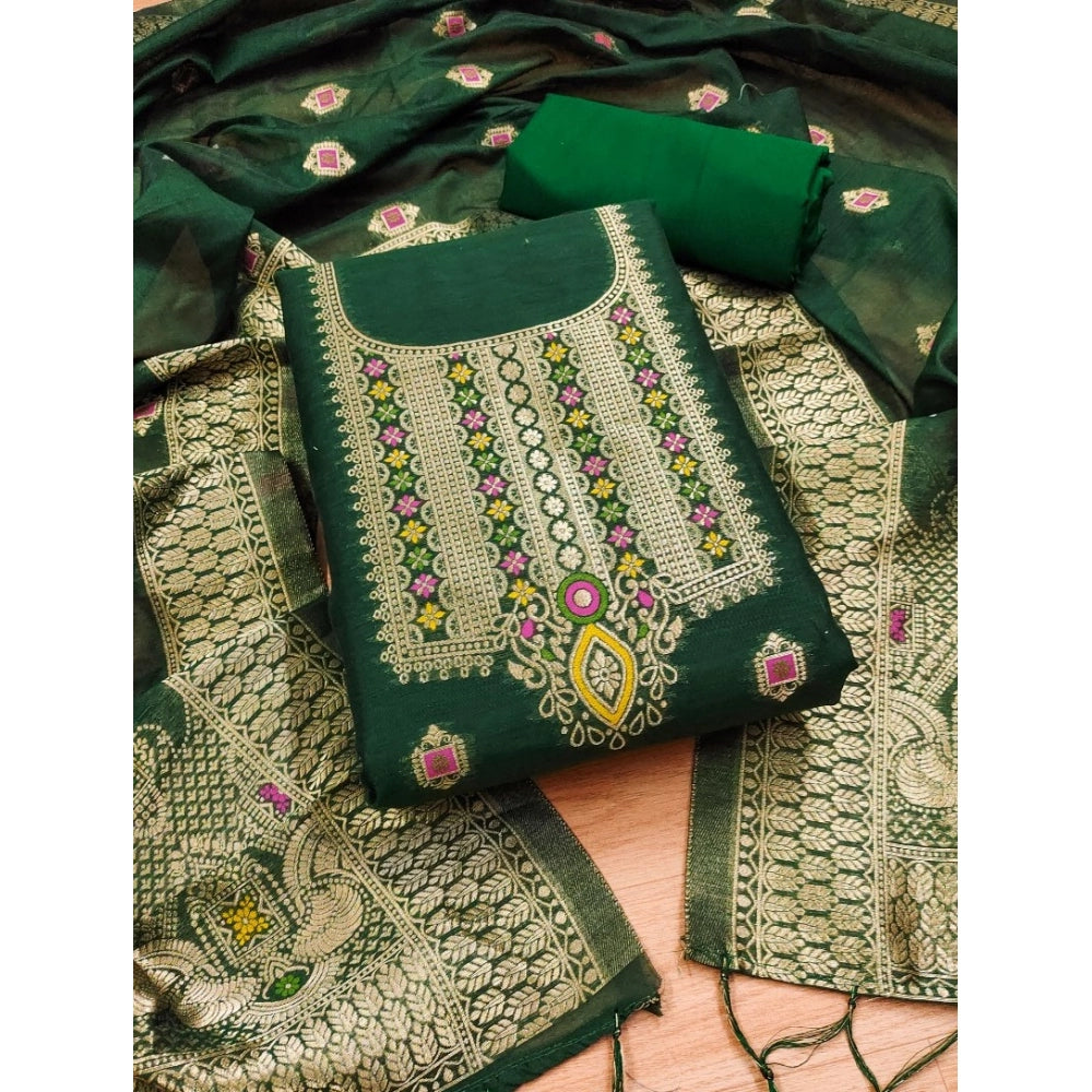Vaystra Banarasi Silk Printed Unstitched Salwar Suit Material With Dupatta – Bottle Green
