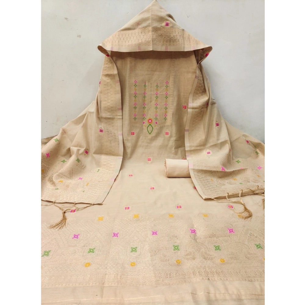 Vaystra Banarasi Silk Printed Unstitched Salwar Suit Material With Dupatta – Cream