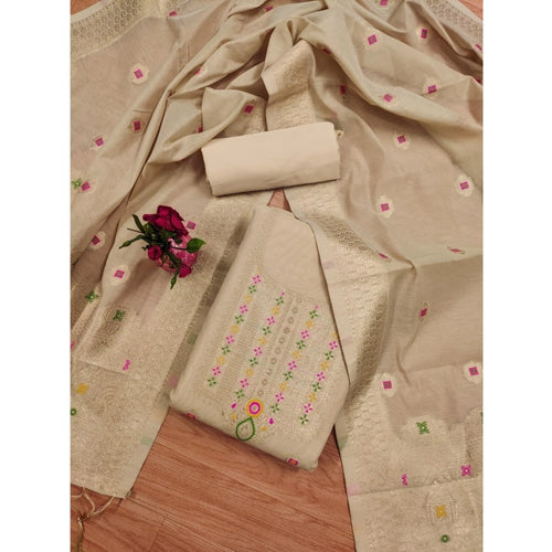 Vaystra Banarasi Silk Printed Unstitched Salwar Suit Material With Dupatta – Cream