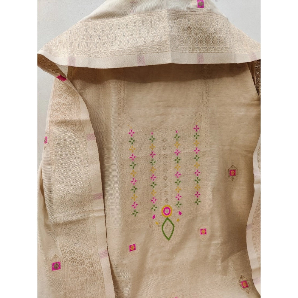 Vaystra Banarasi Silk Printed Unstitched Salwar Suit Material With Dupatta – Cream