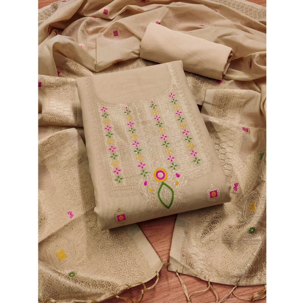Vaystra Banarasi Silk Printed Unstitched Salwar Suit Material With Dupatta – Cream
