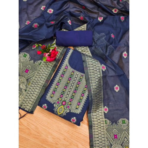 Vaystra Banarasi Silk Printed Unstitched Salwar Suit Material With Dupatta – Navy Blue