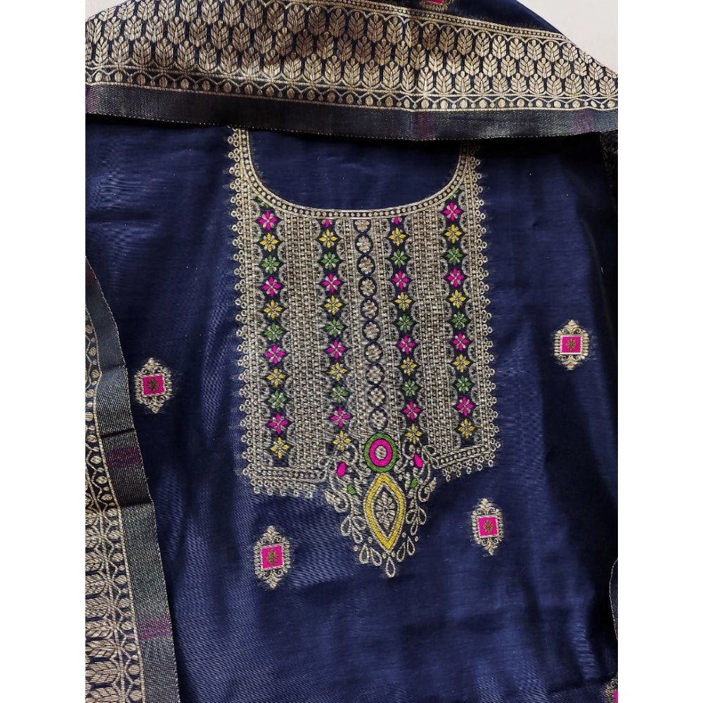 Vaystra Banarasi Silk Printed Unstitched Salwar Suit Material With Dupatta – Navy Blue