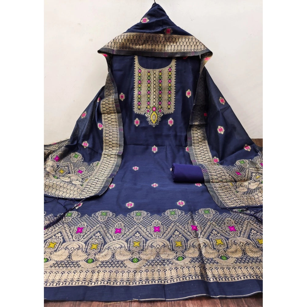 Vaystra Banarasi Silk Printed Unstitched Salwar Suit Material With Dupatta – Navy Blue
