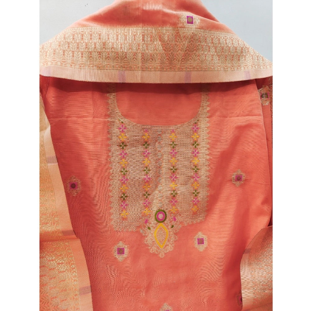 Vaystra Banarasi Silk Printed Unstitched Salwar Suit Material With Dupatta – Peach