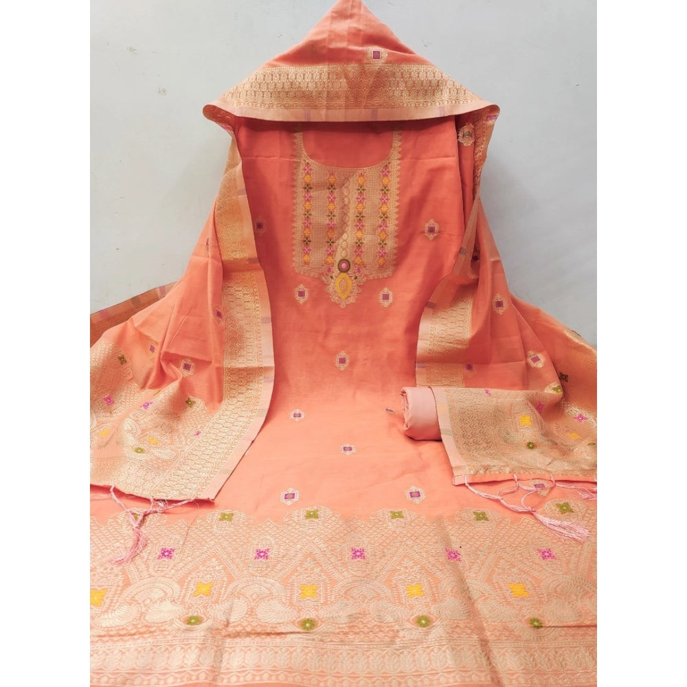 Vaystra Banarasi Silk Printed Unstitched Salwar Suit Material With Dupatta – Peach