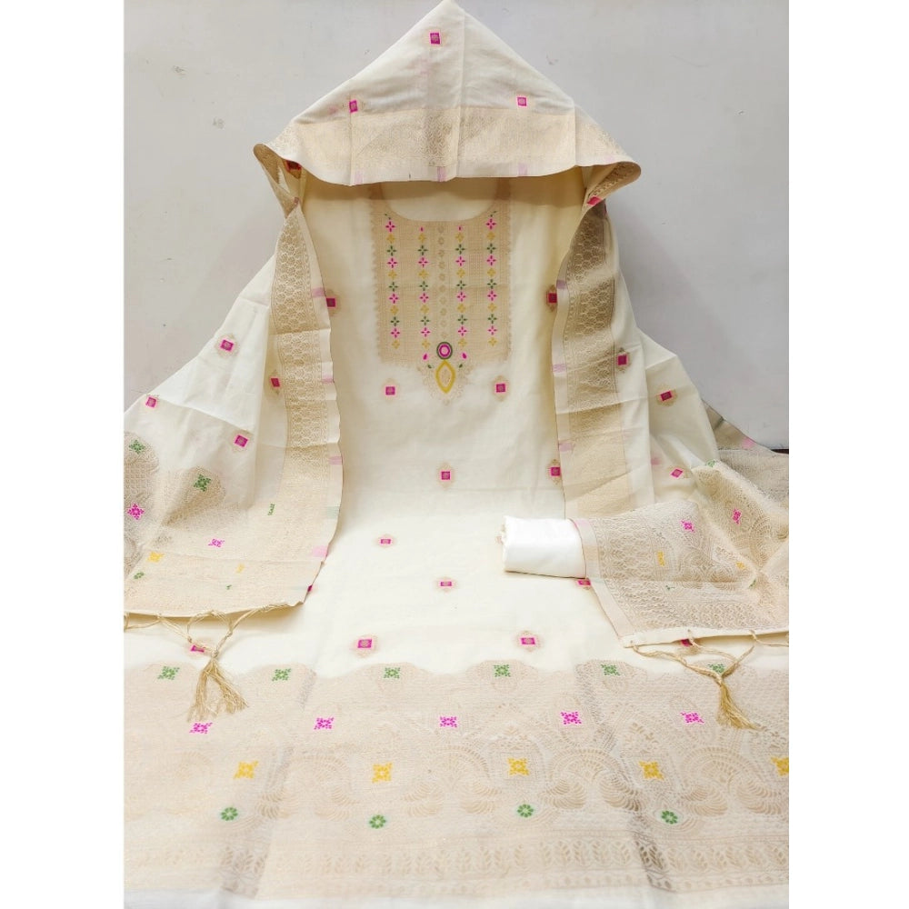 Vaystra Banarasi Silk Printed Unstitched Salwar Suit Material With Dupatta – White