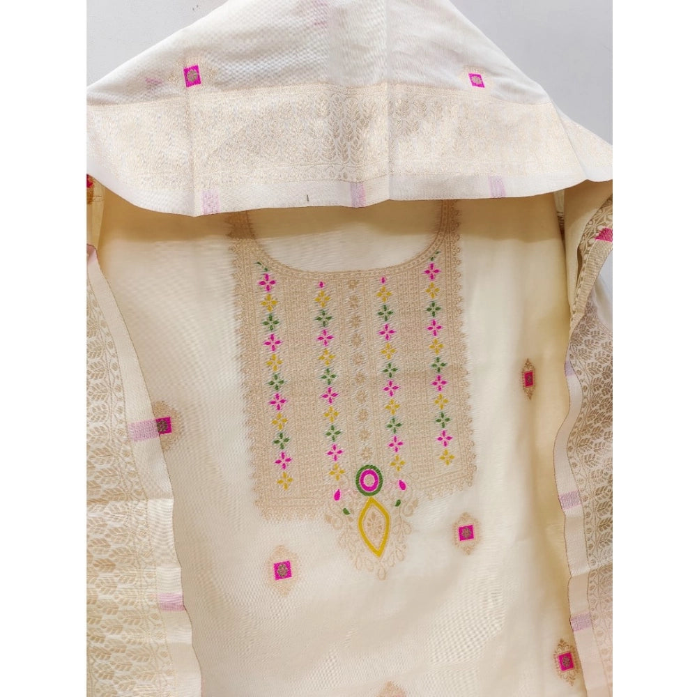 Vaystra Banarasi Silk Printed Unstitched Salwar Suit Material With Dupatta – White