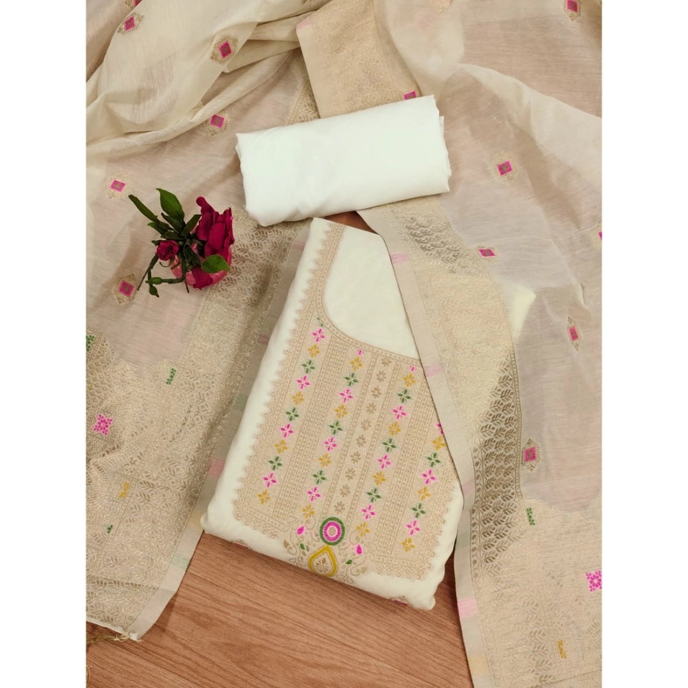 Vaystra Banarasi Silk Printed Unstitched Salwar Suit Material With Dupatta – White