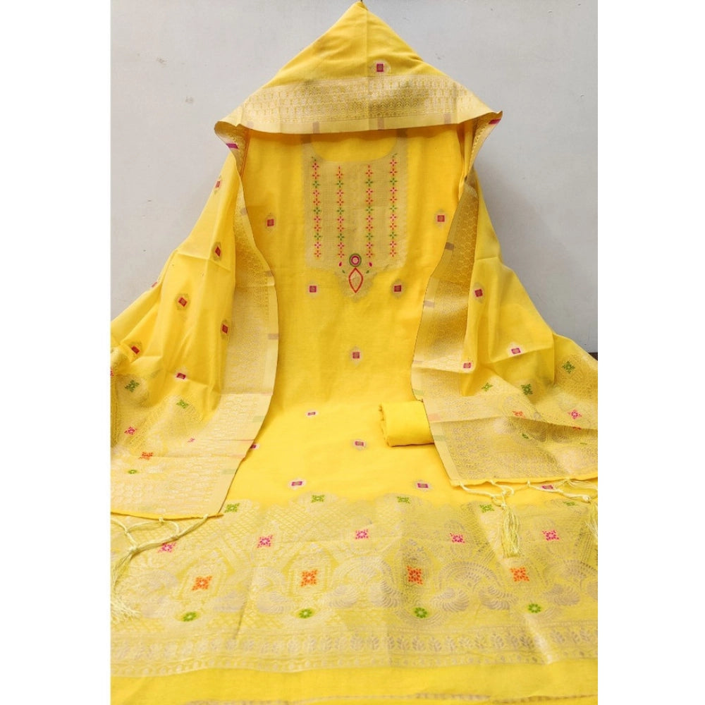 Vaystra Banarasi Silk Printed Unstitched Salwar Suit Material With Dupatta – Yellow