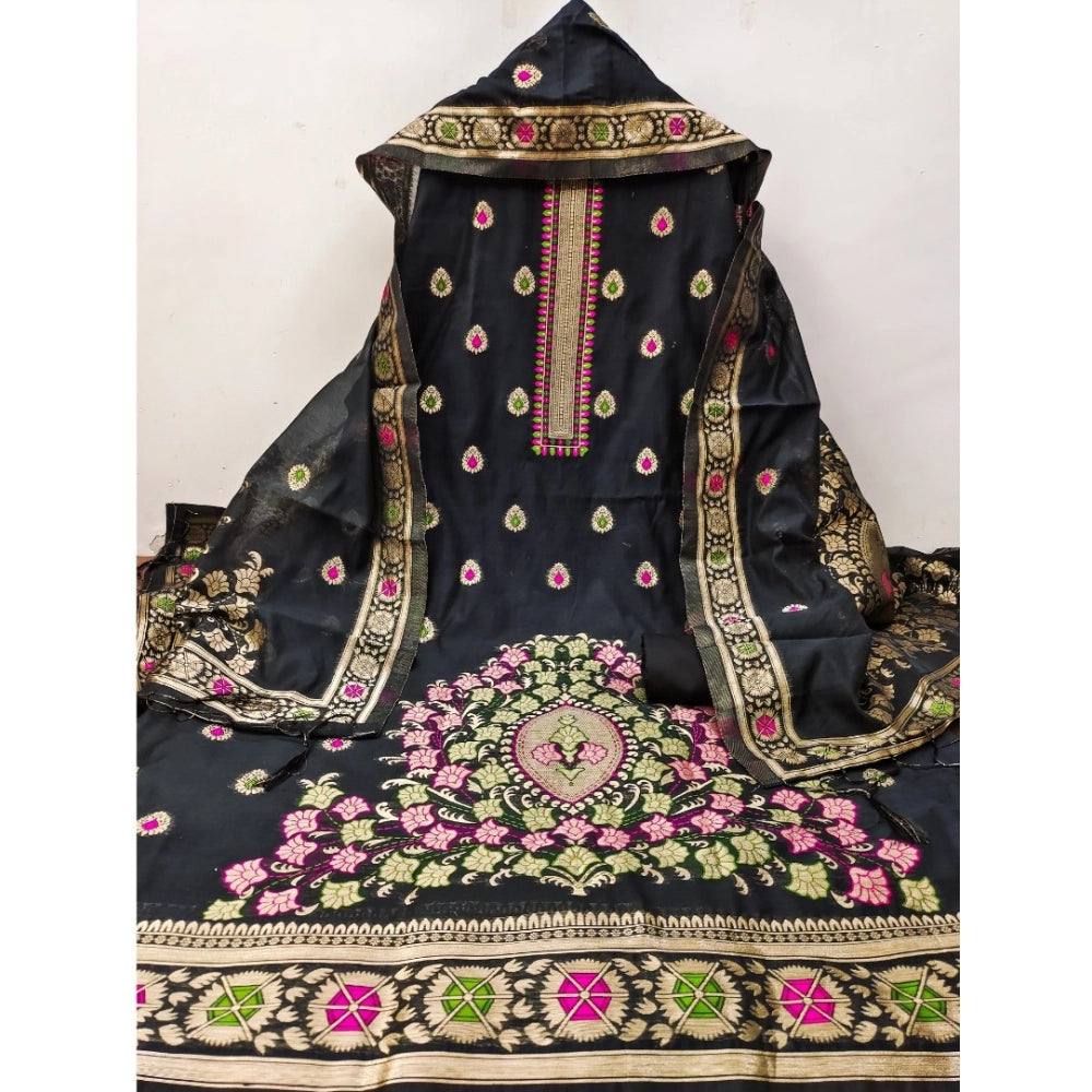 Vaystra Banarasi Silk Printed Unstitched Salwar Suit Material With Dupatta – Black