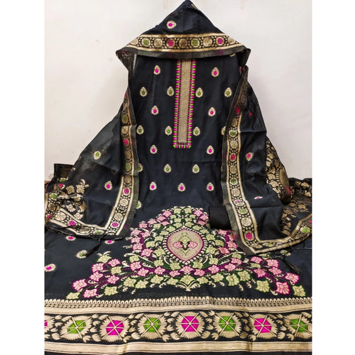 Vaystra Banarasi Silk Printed Unstitched Salwar Suit Material With Dupatta – Black