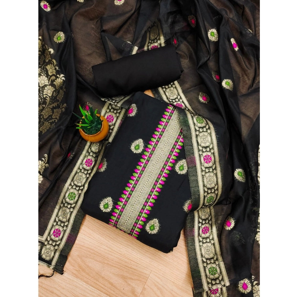 Vaystra Banarasi Silk Printed Unstitched Salwar Suit Material With Dupatta – Black