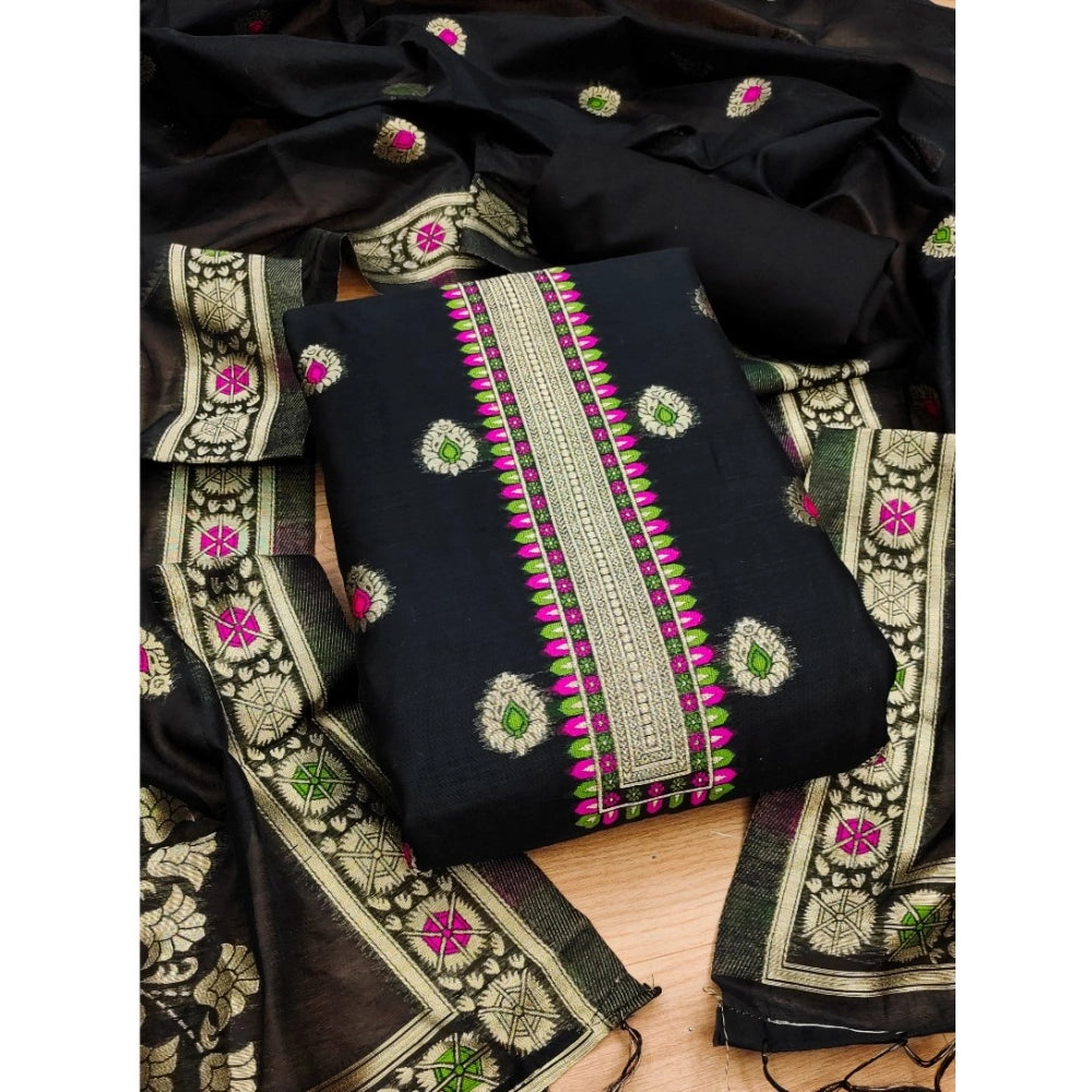 Vaystra Banarasi Silk Printed Unstitched Salwar Suit Material With Dupatta – Black