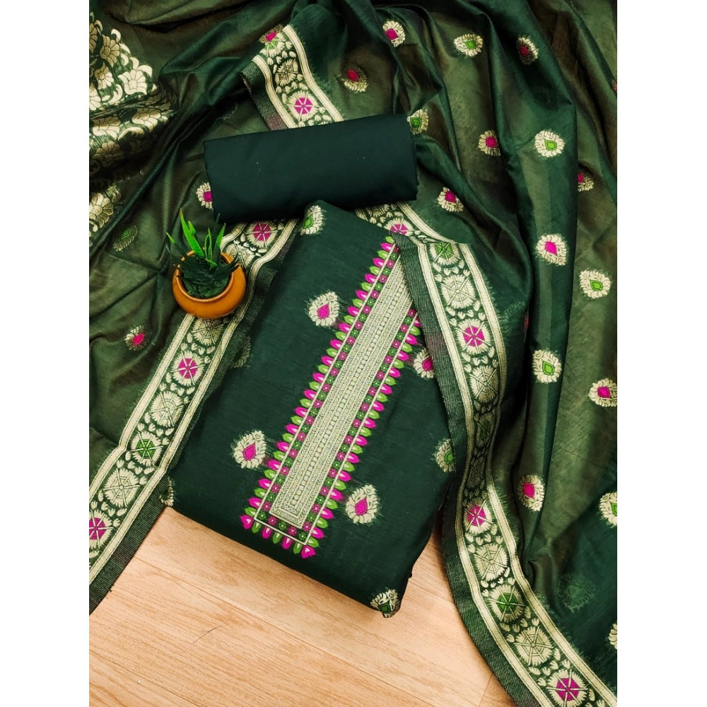 Vaystra Banarasi Silk Printed Unstitched Salwar Suit Material With Dupatta – Bottle Green