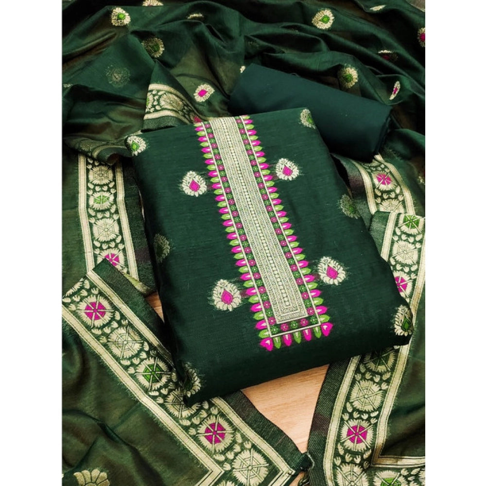 Vaystra Banarasi Silk Printed Unstitched Salwar Suit Material With Dupatta – Bottle Green