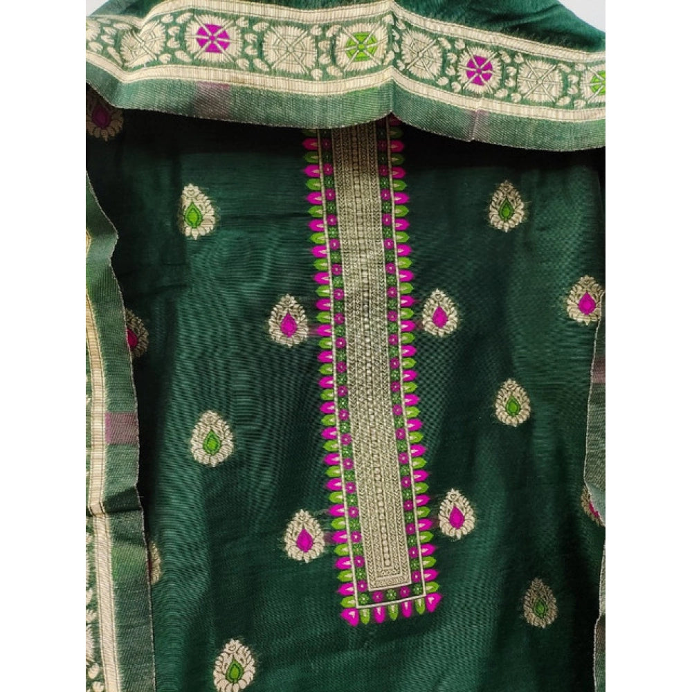 Vaystra Banarasi Silk Printed Unstitched Salwar Suit Material With Dupatta – Bottle Green