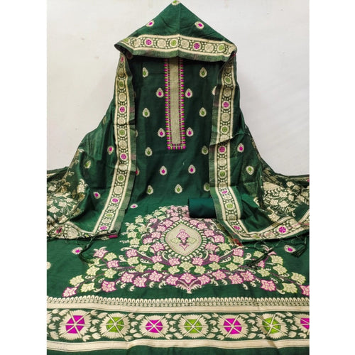 Vaystra Banarasi Silk Printed Unstitched Salwar Suit Material With Dupatta – Bottle Green