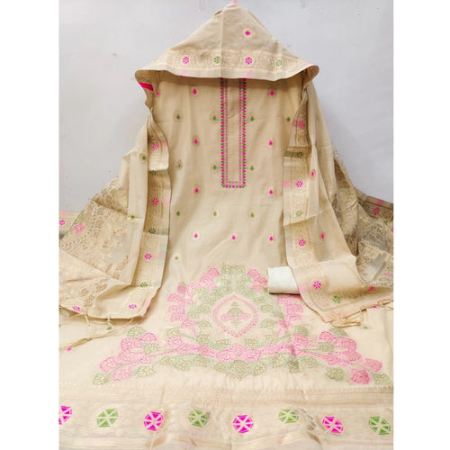 Vaystra Banarasi Silk Printed Unstitched Salwar Suit Material With Dupatta – Cream