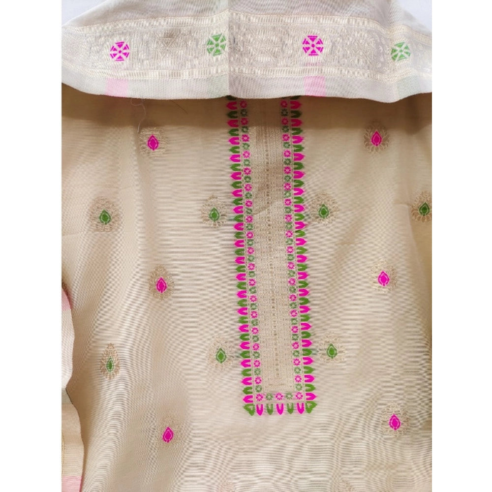 Vaystra Banarasi Silk Printed Unstitched Salwar Suit Material With Dupatta – Cream
