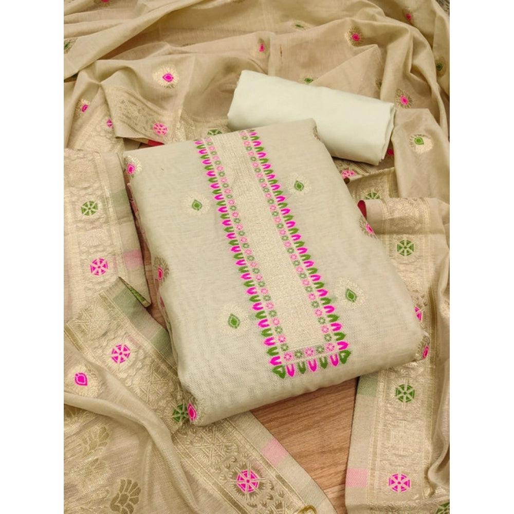 Vaystra Banarasi Silk Printed Unstitched Salwar Suit Material With Dupatta – Cream