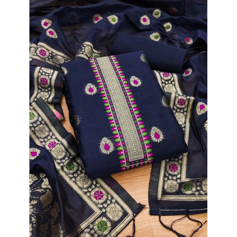 Vaystra Banarasi Silk Printed Unstitched Salwar Suit Material With Dupatta – Navy Blue