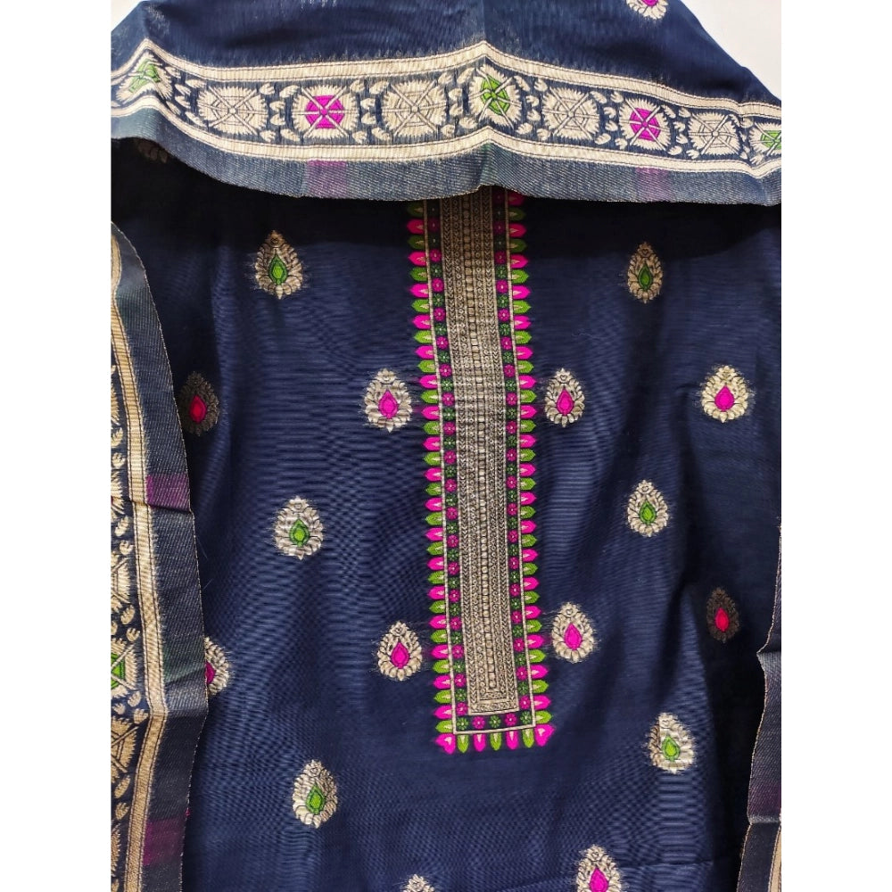 Vaystra Banarasi Silk Printed Unstitched Salwar Suit Material With Dupatta – Navy Blue
