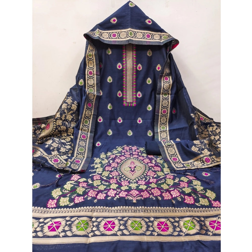 Vaystra Banarasi Silk Printed Unstitched Salwar Suit Material With Dupatta – Navy Blue