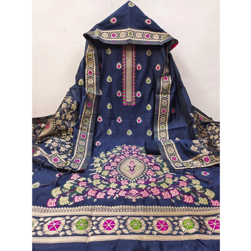 Vaystra Banarasi Silk Printed Unstitched Salwar Suit Material With Dupatta – Navy Blue