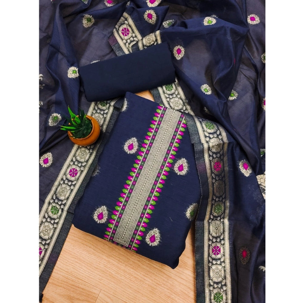 Vaystra Banarasi Silk Printed Unstitched Salwar Suit Material With Dupatta – Navy Blue