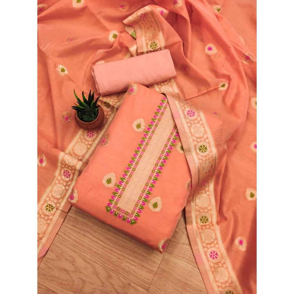 Vaystra Banarasi Silk Printed Unstitched Salwar Suit Material With Dupatta – Peach
