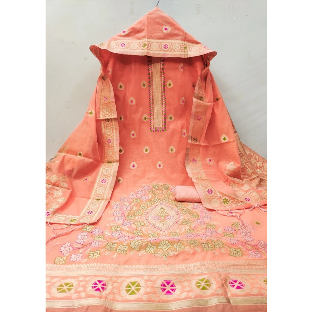 Vaystra Banarasi Silk Printed Unstitched Salwar Suit Material With Dupatta – Peach