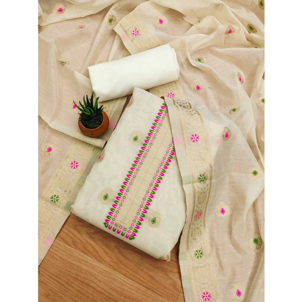 Vaystra Banarasi Silk Printed Unstitched Salwar Suit Material With Dupatta – White