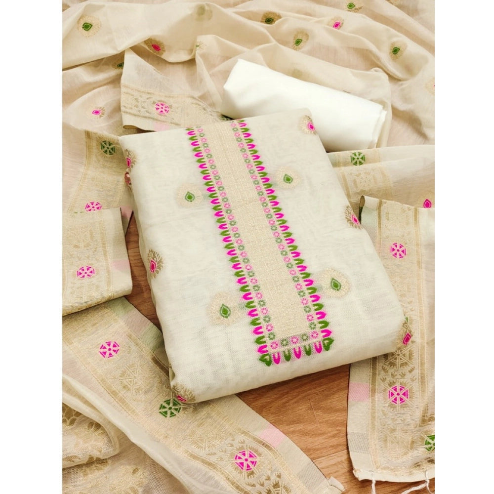 Vaystra Banarasi Silk Printed Unstitched Salwar Suit Material With Dupatta – White