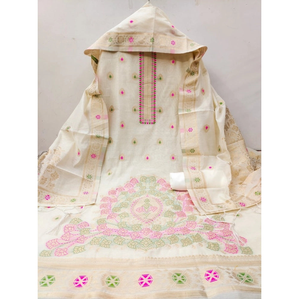 Vaystra Banarasi Silk Printed Unstitched Salwar Suit Material With Dupatta – White