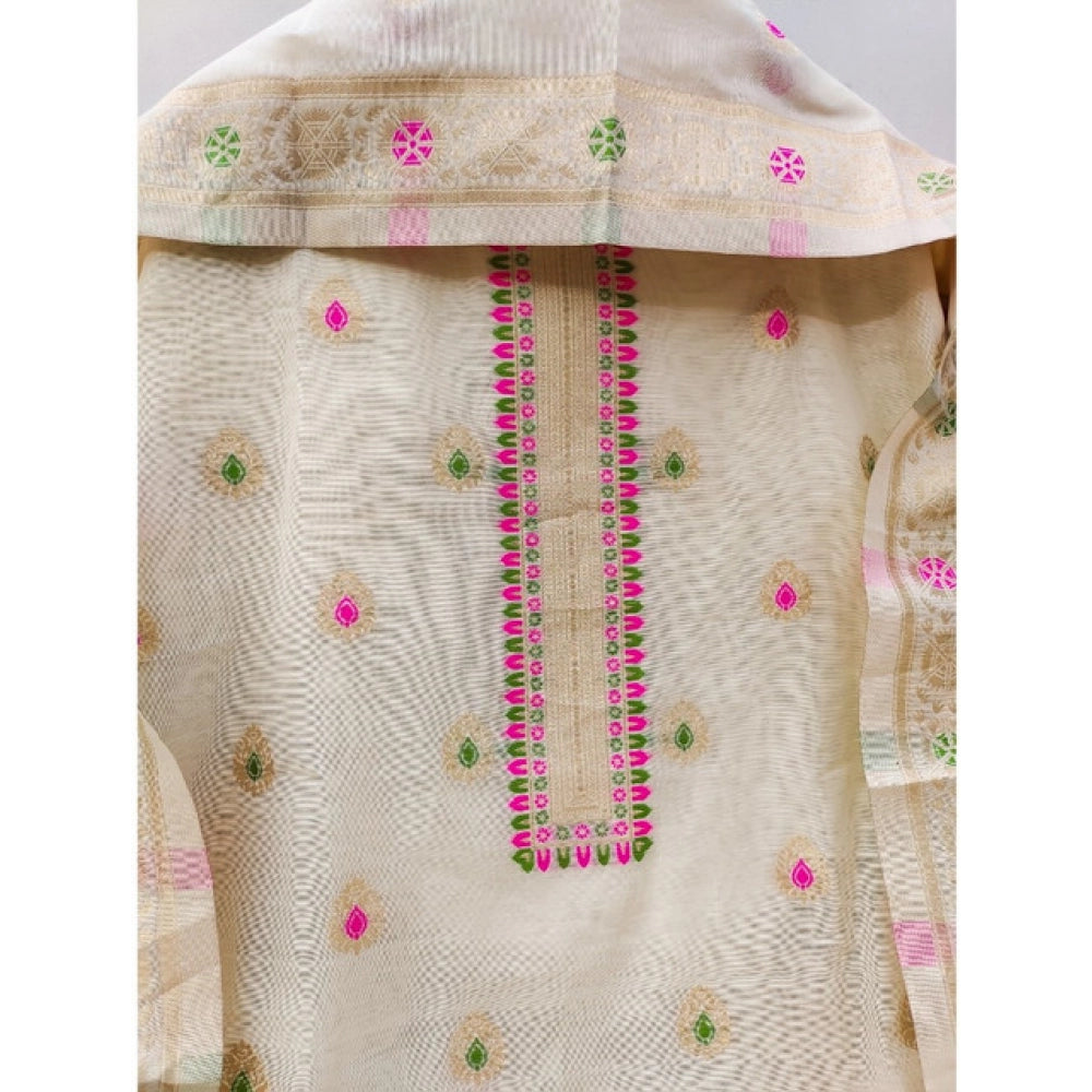 Vaystra Banarasi Silk Printed Unstitched Salwar Suit Material With Dupatta – White