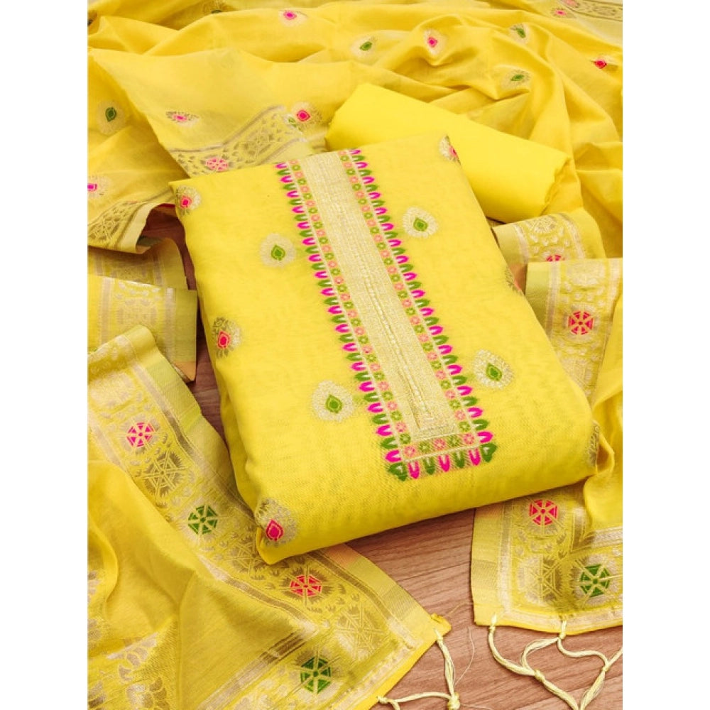 Vaystra Banarasi Silk Printed Unstitched Salwar Suit Material With Dupatta – Yellow