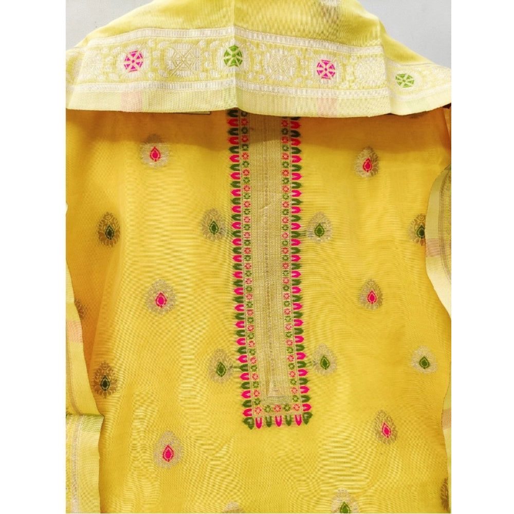 Vaystra Banarasi Silk Printed Unstitched Salwar Suit Material With Dupatta – Yellow