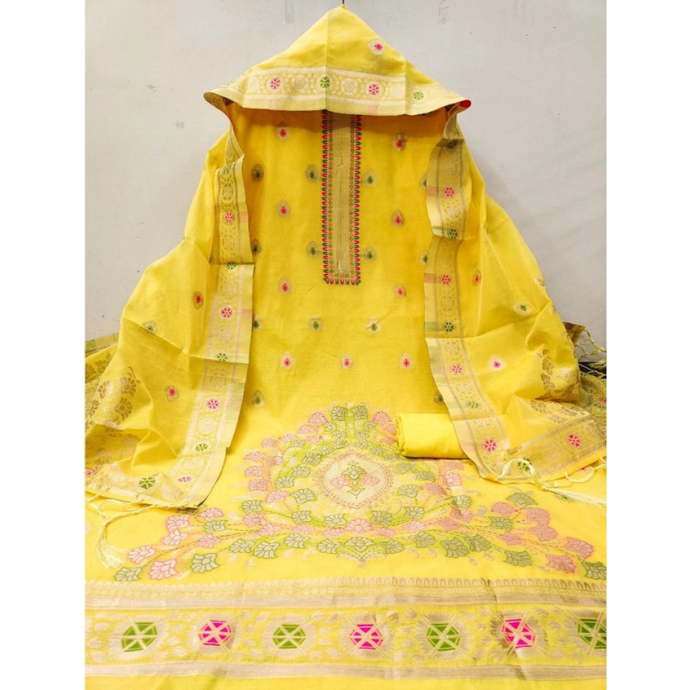 Vaystra Banarasi Silk Printed Unstitched Salwar Suit Material With Dupatta – Yellow